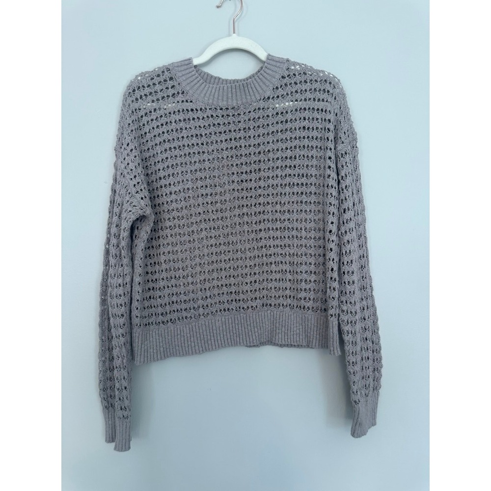 Sugar Moon Women Lavender Grey Open Knit Cotton Sweater Large Crochet Pullover